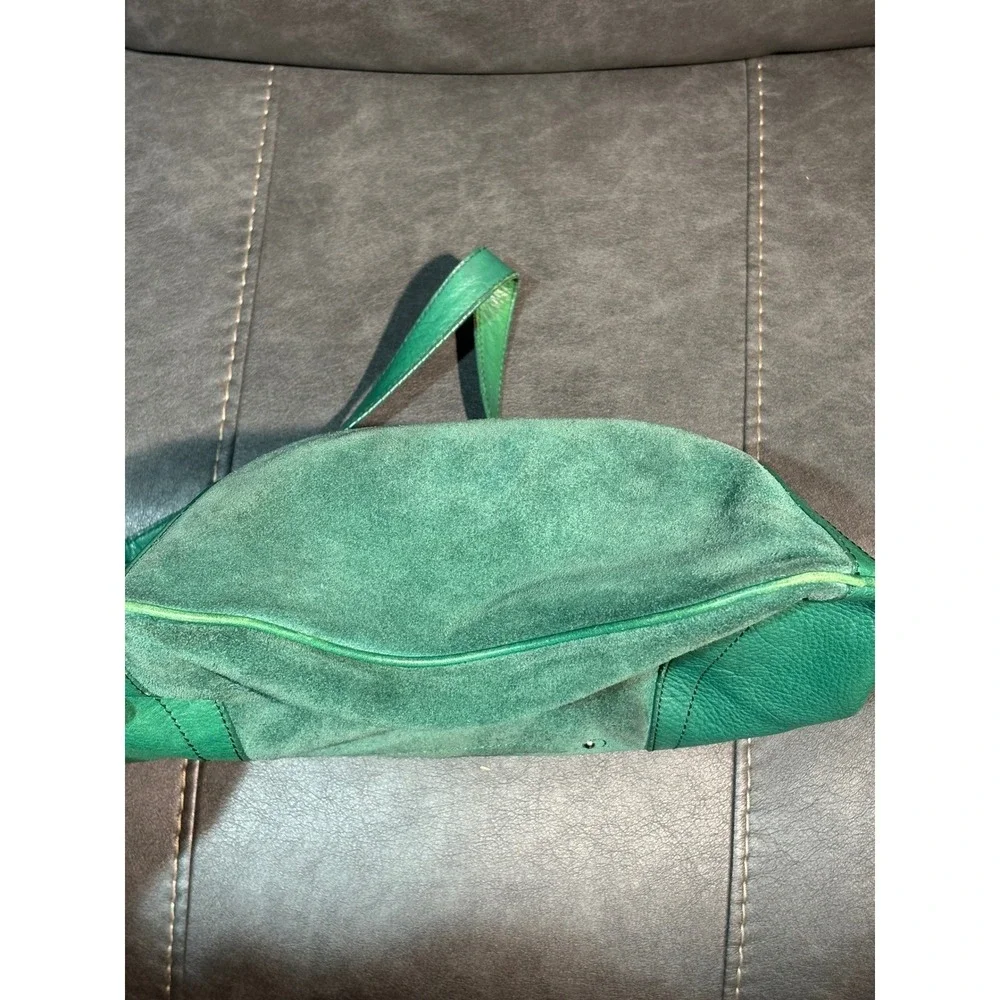 B. Makowsky Green Leather Suede Hobo Shoulder Bag Leopard Print Lining Gold Tone